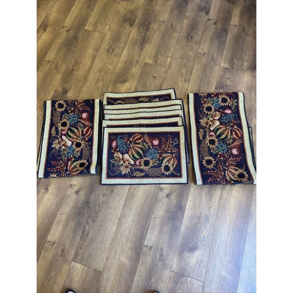 Halloween Tapestry 6 Placemats 2 Table Runner havest Pumpkins Set Nwot halloween